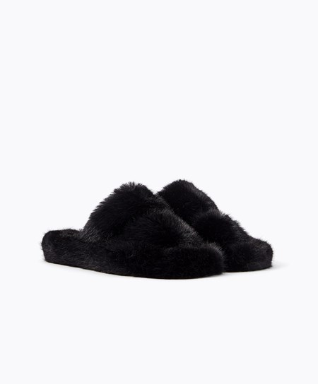 Black Oysho Synthetic Fur Double Strap Sandals | EGTB47026