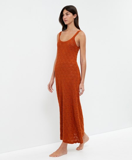 Bright Burnt Orange Oysho Long Cotton Crochet Dress | QTPE76549