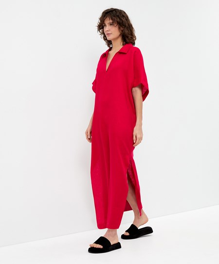 Bright Red Oysho 100% Linen Polo Collar Tunic Dress | QPBT87436