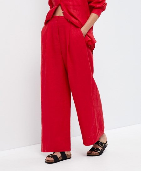 Bright Red Oysho 100% Linen Wide-leg Trousers | BFPK29158