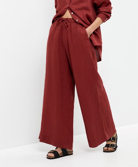 Brown Oysho 100% Linen Wide Straight-leg Trousers | IVWT38107