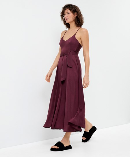 Burgundy Oysho Satin Strappy Midi Dress | OXML81394