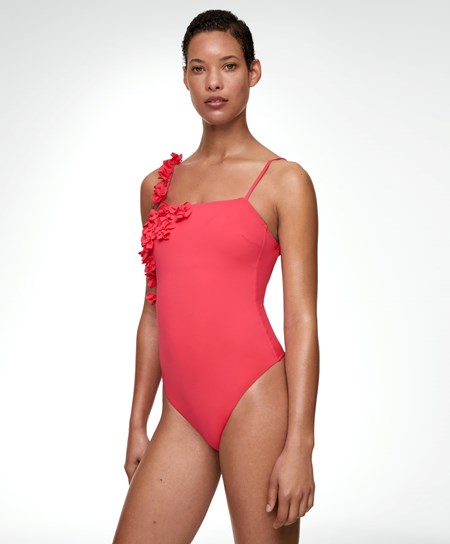 Coral Oysho Floral Appliqué Bandeau Swimsuit | COXR36705