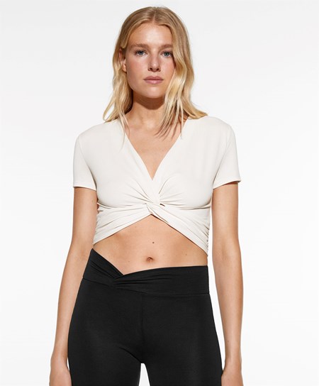 Cream-white Oysho Crop Modal Knot T-shirt | NKHE23517