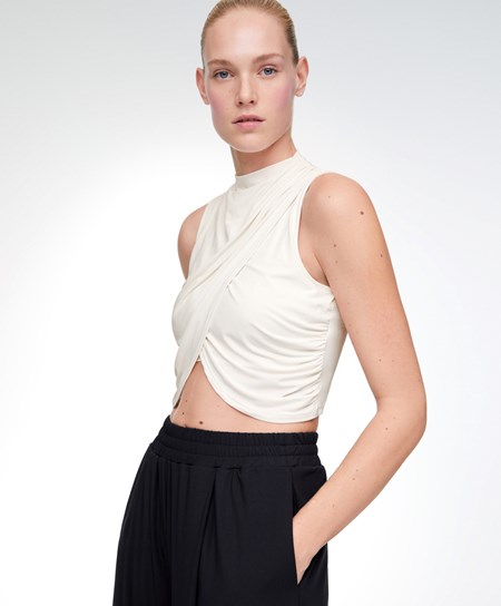 Cream-white Oysho Draped Crop Top | CMRH18295