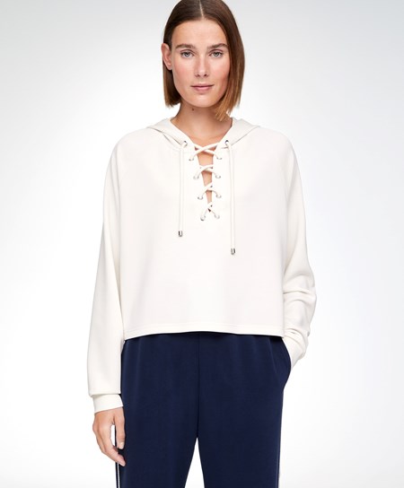 Cream-white Oysho Lace-up Modal Sweatshirt | KGWQ73210