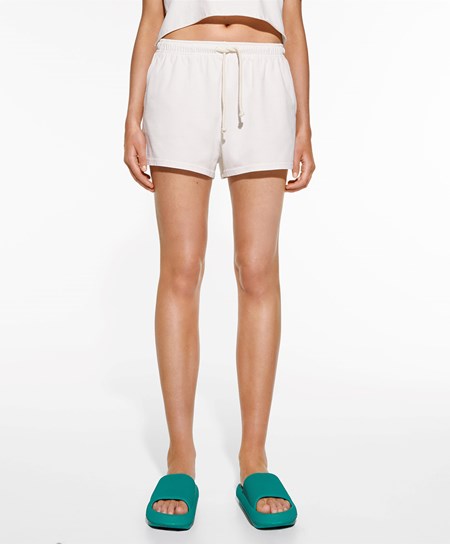 Cream-white Oysho Washed 100% Cotton Shorts | GSRI89672