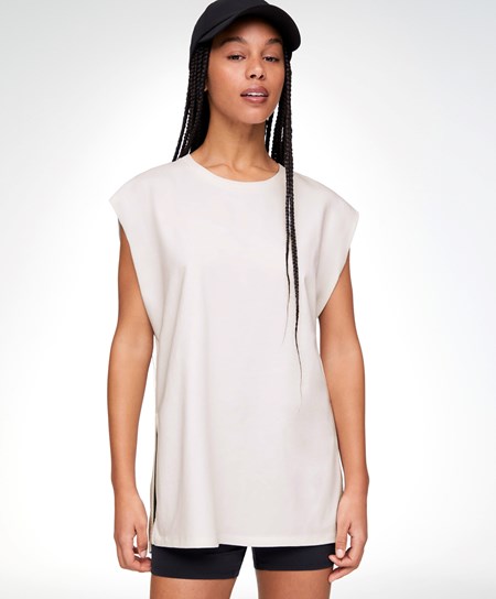 Cream-white Oysho Washed 100% Cotton Sleeveless T-shirt | YJAF29561