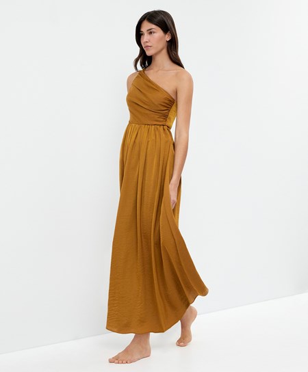 Dark Yellow-green Oysho Long Asymmetric Dress With A Satin Finish | EUVN71904