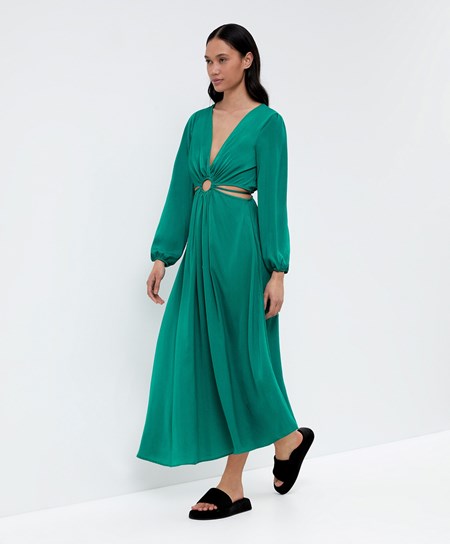 Duck Green Oysho Satin Cut-out Long-sleeved Midi Dress | BZSM50923