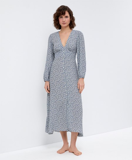 Ecru Oysho Floral Long-sleeved Midi Dress | MTIK03186