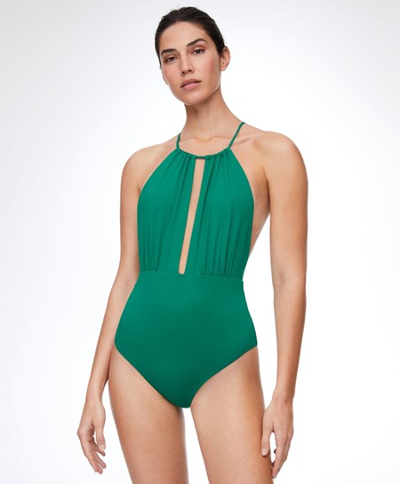 Emerald Green Oysho Ruched Halter Swimsuit | TVWQ98063