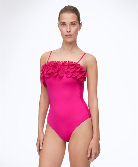 Fuchsia Oysho Ruffled Bandeau Swimsuit | YJVB82964