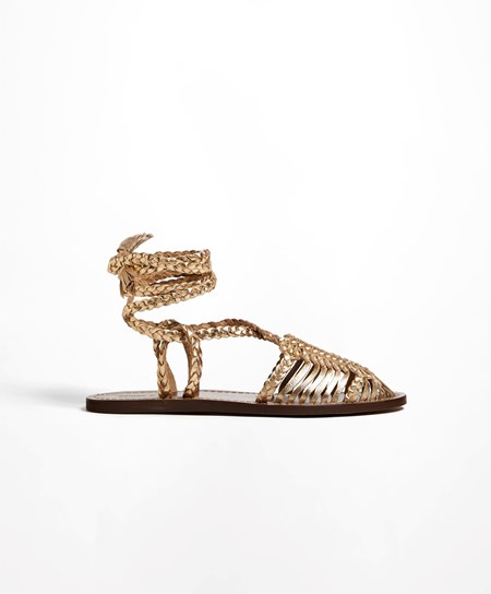 Gold Coloured Oysho Leather Braided Fisherman Sandals | GZEA49761