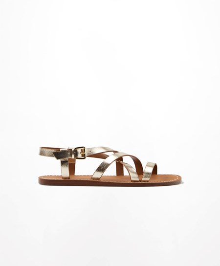 Gold Coloured Oysho Metallic Leather Sandals | UYTZ98153