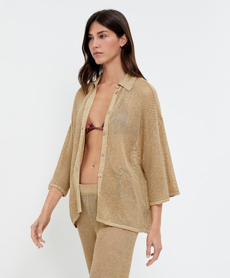 Gold Oysho Oversize Knit Shirt | XCFS56871