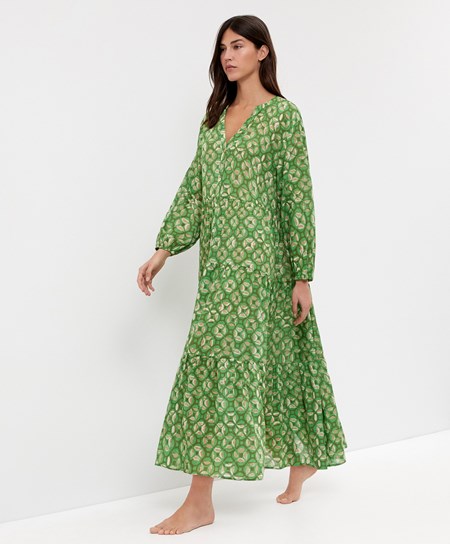 Grass Green Oysho Printed 100% Cotton Tunic Dress | DIZN81659