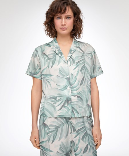 Green Oysho Tropical Leaf Satin Short-sleeved Shirt | IYKZ01823