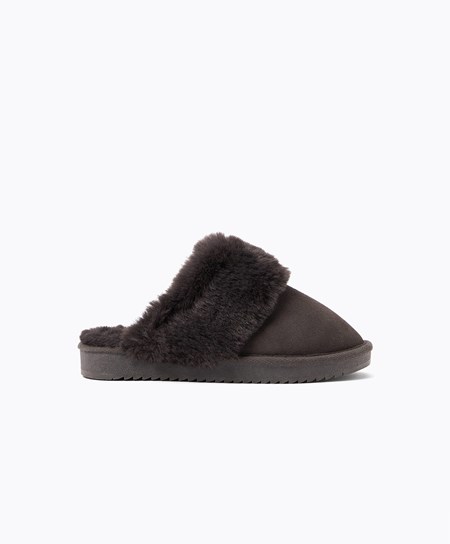 Grey Oysho Cuff Split-leather Slippers | SANG02547