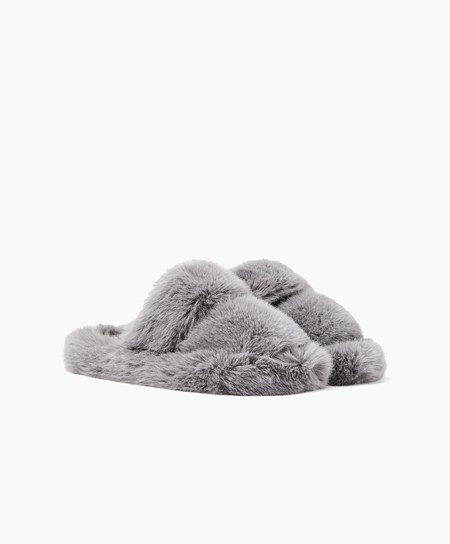 Grey Oysho Synthetic Fur Double Strap Sandals | SVLU39650