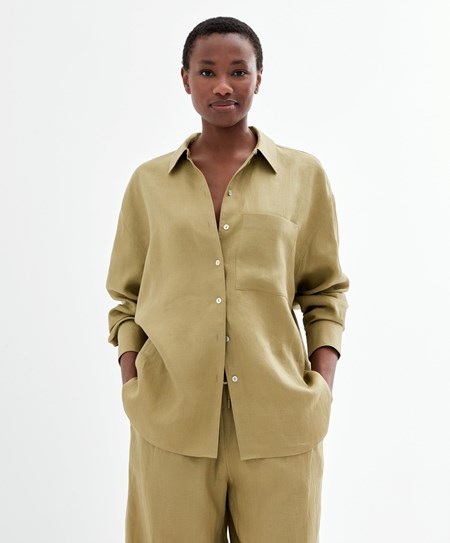 Khaki Oysho 100% Linen Long-sleeved Shirt | MOWG47392