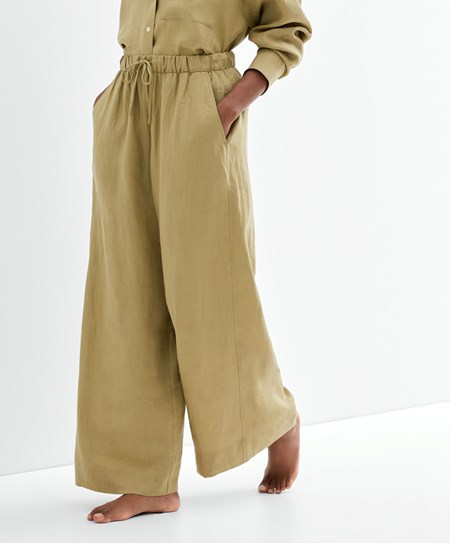 Khaki Oysho 100% Linen Wide Straight-leg Trousers | BIPW90361