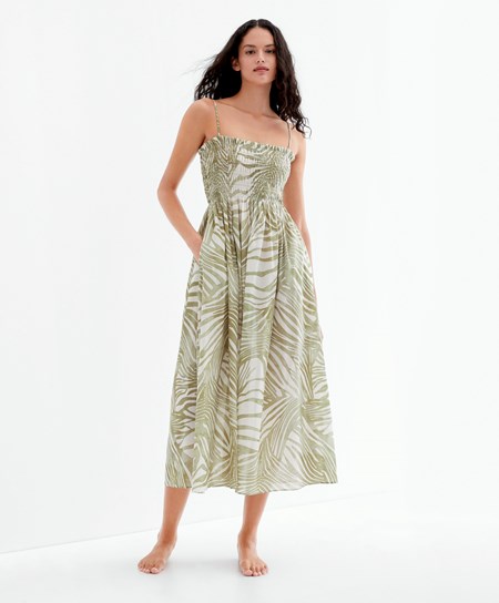 Khaki Oysho Printed 100% Cotton Strappy Midi Dress | ZYSO45063