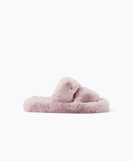 Mauve Oysho Synthetic Fur Double Strap Sandals | REGT09316