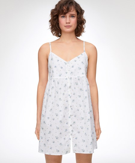 Mid-washed Blue Oysho 100% Cotton Plumeti Printed Short Nightdress | BTWM97250