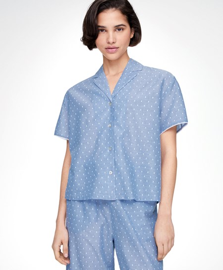 Mid-washed Blue Oysho Short-sleeved 100% Cotton Plumeti Shirt | RXWL94236