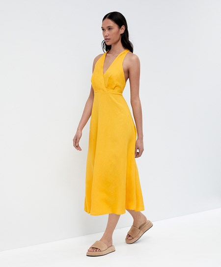 Mid-yellow Oysho Knot Back Linen Halterneck Dress | DVEL89561