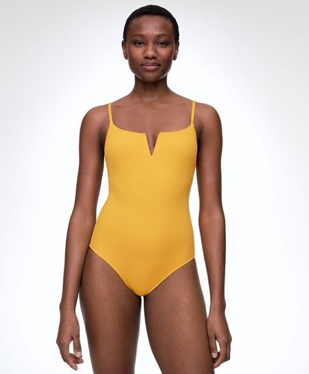 Mid-yellow Oysho Piqué V-neck Swimsuit | HDKA08271