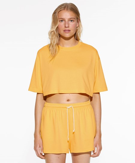 Mid-yellow Oysho Washed 100% Cotton Crop T-shirt | RWVM78259