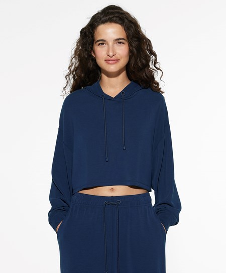 Navy Blue Oysho Hooded Modal Crop Sweatshirt | WMSR70249