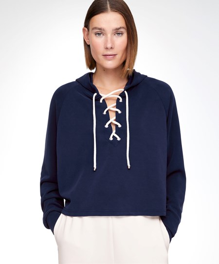 Navy Blue Oysho Lace-up Modal Sweatshirt | EQPZ96018