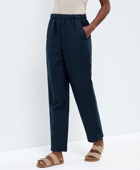 Navy Oysho Slim Fit Linen Trousers | GVRX75942