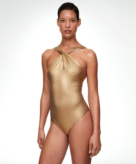 Old Gold Oysho Draped Halter Swimsuit | FANC72854