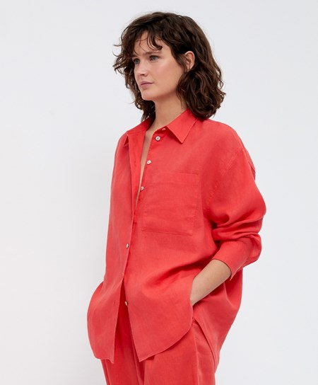 Orange Oysho 100% Linen Long-sleeved Shirt | ESQD54271