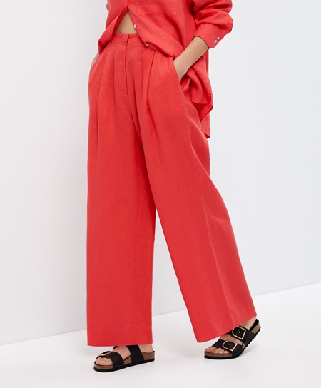 Orange Oysho 100% Linen Wide-leg Trousers | CTDU25183