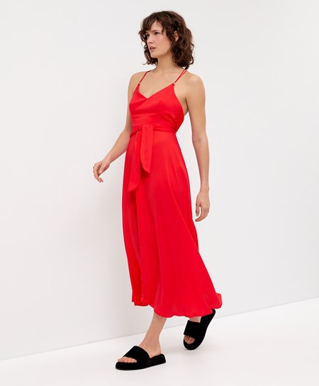 Orange-red Oysho Satin Strappy Midi Dress | NBDR70518