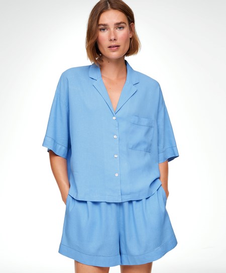 Pale Blue Oysho Linen Short-sleeved Shirt | KRIX65279