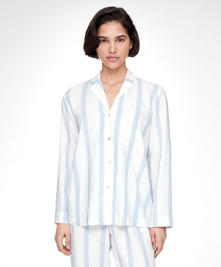 Pale Ecru Oysho Striped Linen Long-sleeved Shirt | FTKU36018