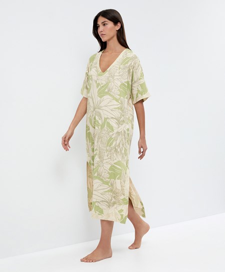 Pale Pistachio Oysho Beaded Embroidery Linen Midi Tunic | TAEB27354