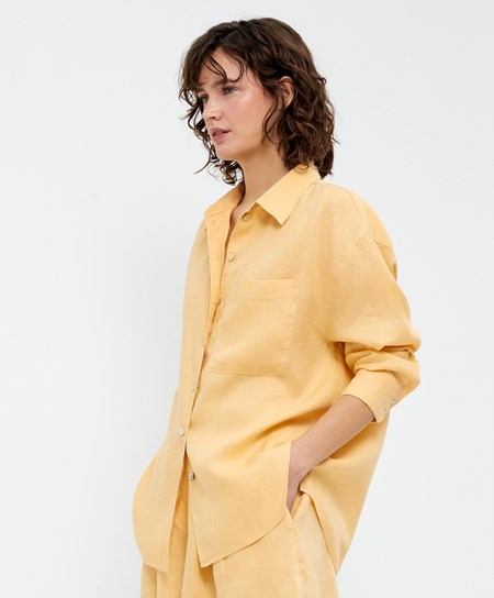 Pale Yellow Oysho 100% Linen Long-sleeved Shirt | QYWU62479