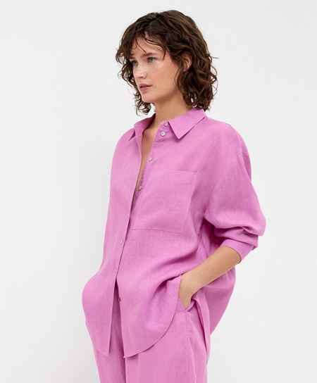 Pink Oysho 100% Linen Long-sleeved Shirt | VMGX60928