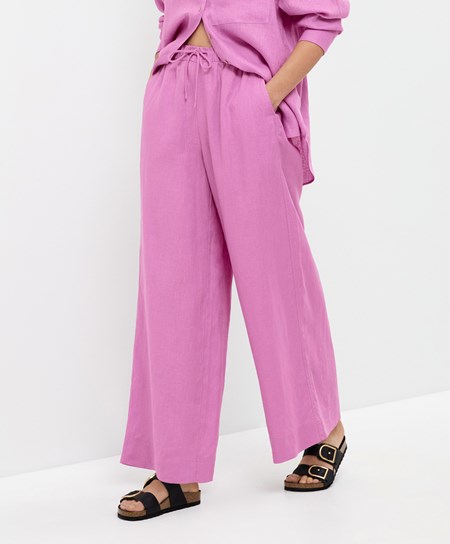 Pink Oysho 100% Linen Wide Straight-leg Trousers | IFPG73589