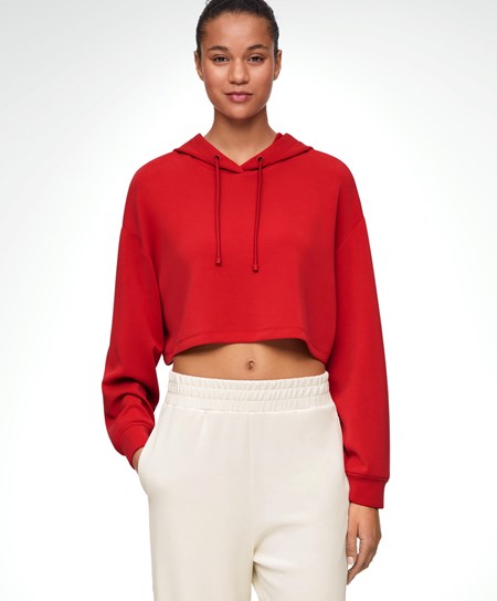 Red Oysho Hooded Modal Crop Sweatshirt | USBW04378