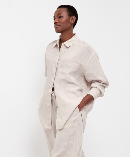 Sand Melange Oysho 100% Linen Long-sleeved Shirt | JIEZ98651