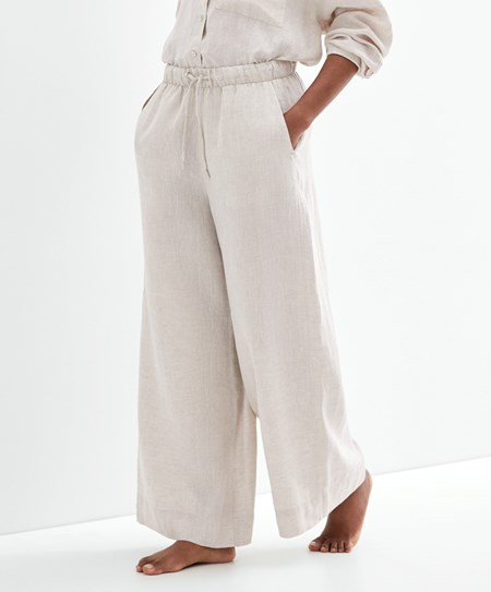 Sand Melange Oysho 100% Linen Wide Straight-leg Trousers | QSEB60258