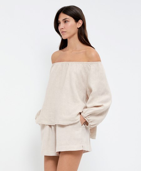 Sand Melange Oysho Long-sleeved 100% Linen Blouse | RDZN64980